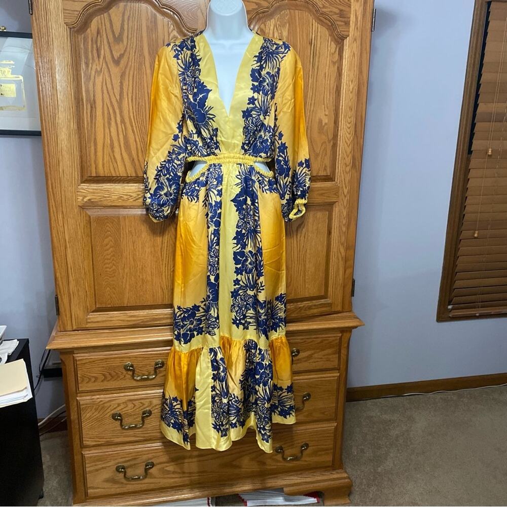 Sandro Willow Maxi Dress Yellow Blue Floral Pullover Boho Artsy Women’s Sz 2 - Picture 9 of 16